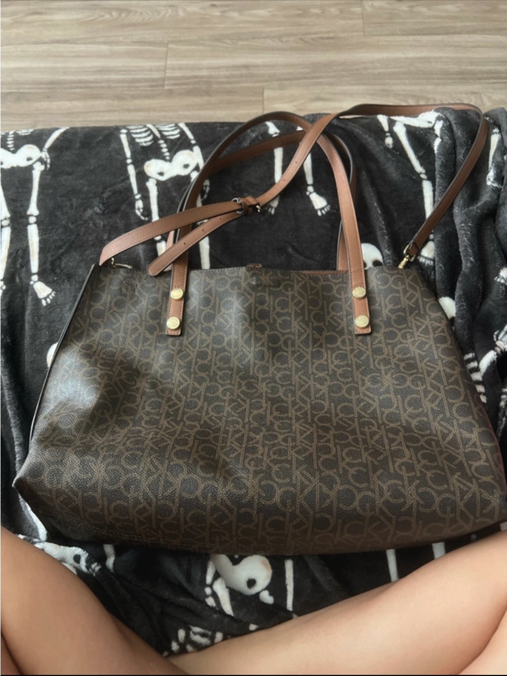 Calvin Klein Brown Monogram Tote with Tan Straps